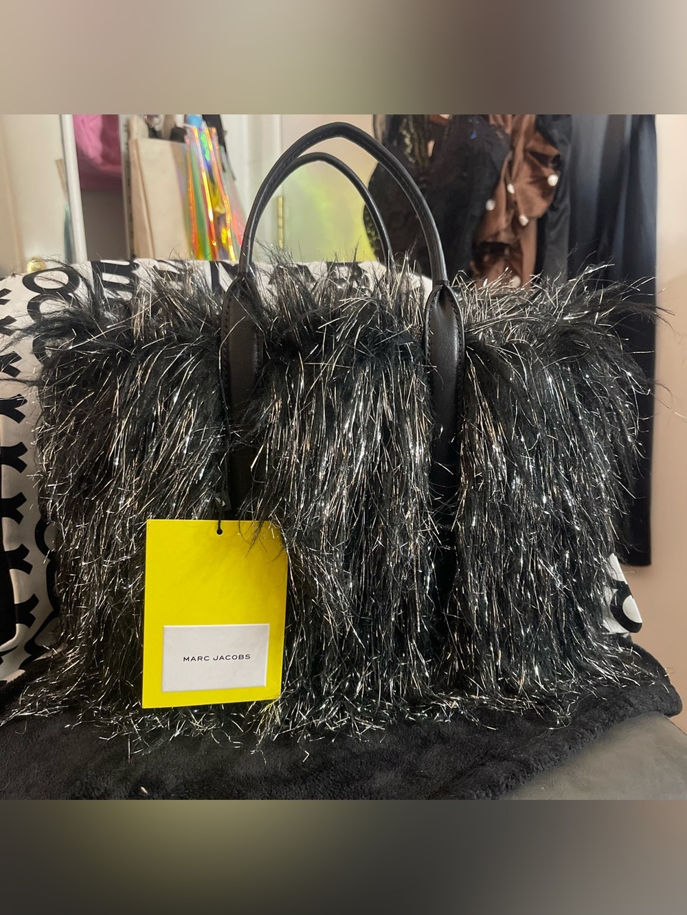 MARC JACOBS Black & Silver "The Creature" Faux Fur/Tinsel Small Tote NEW W/TAG